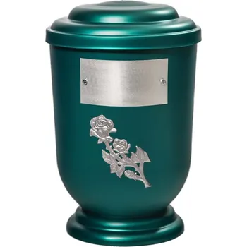 Smuteční dekorace Pohřební Plastová urna na popel, oválné oblé víčko, zelená, štítek č. 52, 100 x 50, stříbrná růže