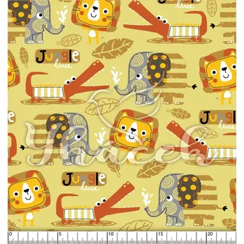 Zakázkový tisk, softshell, kočárkovina... Geometrická jungle na žluté Látky k tisku: Fleece