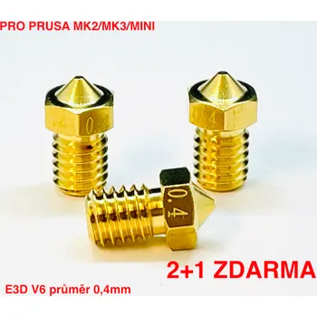 3D tisk Tryska 0,4mm 2+1 ZDARMA, E3D V6 pro MK2/MK3, MINI+