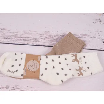 Dámské ponožky CNB BERLIN Termo ponožky SADA 2 PÁRŮ DE 37800 teplé s vlnou smetanové puntíkované s jeleny + béžové s vločkami velikosti ponožek: 26-28 (EUR vel. 39-42)
