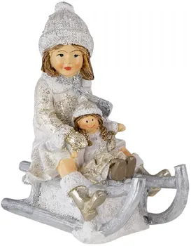 Vánoční dekorace Clayre & Eef Socha holčičky na saních s panenkou 10 x 5 x 10 cm