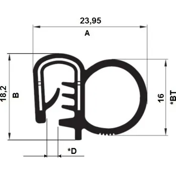 PROFIL PIRELI U 28.6255 (Druhý průměr (mm): *BT=16, D.* (mm): 4-6 mm, Hmotnost (kg): 0,2, Balení [MJ]: 25, Kóta B: 18,2, Kóta A: 23,95, Typ: EPDM 60°)