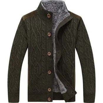 Pánský kabát Pletená bunda zimní na knoflíky s copánky a kožíškem Barva: Zelená, Velikost: M