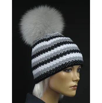 Čepice Luxusní pletená čepice s kožešinovou bambulí R-JET 300 pruhovaná se stříbrným lurexem