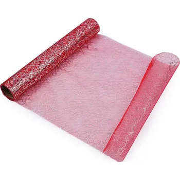 Krajka Tyl dekorační s potiskem šíře 36 cm, barva 4 červená stříbrná