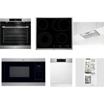 Set domácích spotřebičů AEG Mastery SteamBake BCK455350M + AEG Mastery DirectTouch HK654070XB + AEG DGB3523S + AEG Mastery MSB2547D-M + AEG FEE72706PM + AEG Mastery FlexiShelf SCE818D3LC