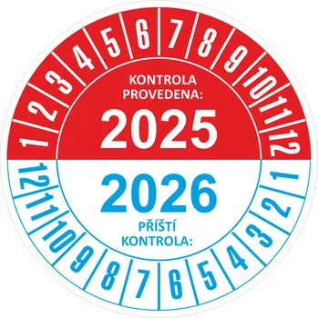 Samolepící etiketa Kontrola provedena/ Příští kontrola 2025-2026 samolepící vinylová fólie 40 mm aršík 10 kusů