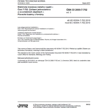 Technika ČSN 33 2000-7-702 ed. 3 - Elektrické instalace nn - Plavecké bazény a fontány