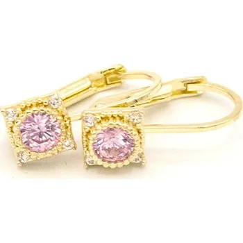 Náušnice Zlaté náušnice čtverečky s růžovým kamínkem a zirkony 1,60g
