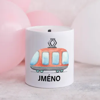 Pokladnička Domovi Bílá keramická pokladnička se jménem Tramvaj 9cm