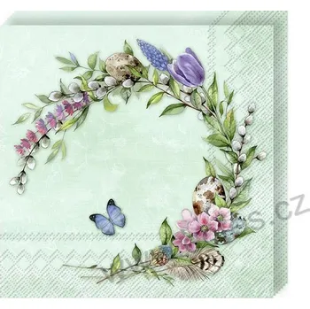 Papírový ubrousek IHR FLORIS WREATH MINT tyrkysové papírové dezertní ubrousky květinový velikonoční věnec a modrý motýlek 20 ks