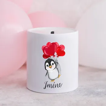 Pokladnička Domovi Bílá keramická pokladnička se jménem Tučňák se srdíčky 9cm