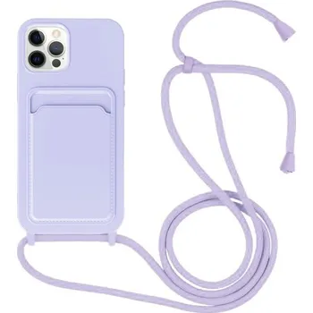 Pouzdro na mobilní telefon Silikonový kryt se šňůrkou a kapsou na karty pro iPhone 12 Pro Max - fialový