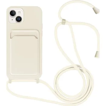 Pouzdro na mobilní telefon Silikonový kryt se šňůrkou a kapsou na karty pro iPhone 14 Plus - krémový