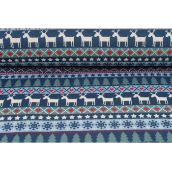 Svetrovina, úplet, potisk norský pletený vzor stromečky a jeleni, modrý podklad, metráž, látka