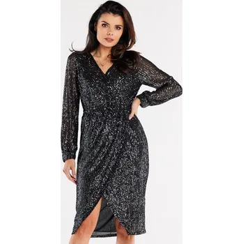 Dámské šaty Flitrové zavinovací šaty se širším rukávem A565 Barva: Grafitová, Velikost: S