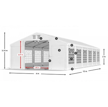 Zahradní stavba Párty stan 4x12x2m střecha PVC 560g/m2 boky PVC 500g/m2 konstrukce LÉTO PLUS Bílá Šedá Bílá