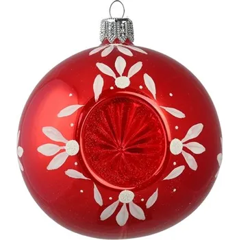 Baňka červená s dekorem bílých kvítků s reflektorem
