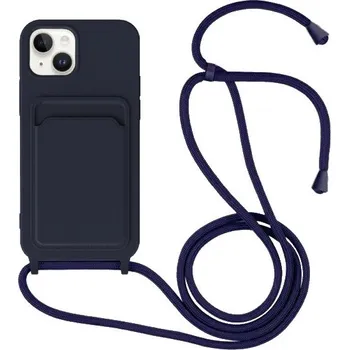 Pouzdro na mobilní telefon Silikonový kryt se šňůrkou a kapsou na karty pro iPhone 14 - tmavě modrý
