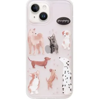 Matný transparentní kryt s motivem štěňátek pro iPhone 14 Plus - růžový