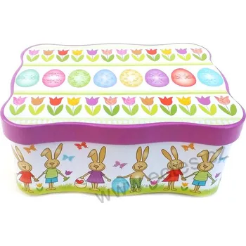 Dóza na potraviny FUNNY RABBITS plechová dóza 3373 kreslení zajíčci s vajíčky a tulipány