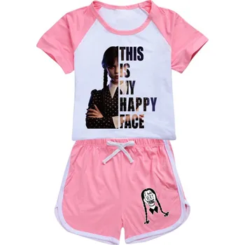 Dětský letní set tričko + kraťasy Wednesday Addams - Happy Face Barva: světle růžová, Velikost: 160