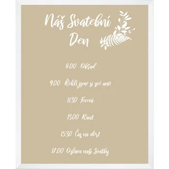 Svatební dekorace Svatební tabule HARMONOGRAM - KAPRADÍ Barva plakátu: Béžová, Rám: Bílá rám, Stojan a velikost plakátu: Bez stojanu - A4