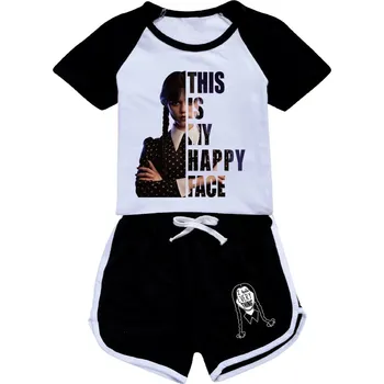 Dětský letní set tričko + kraťasy Wednesday Addams - Happy Face Barva: Černá, Velikost: 120