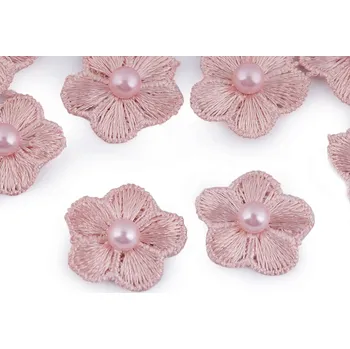 Vyšívaný květ O20 mm s perlou, 3 pudrová, 400098