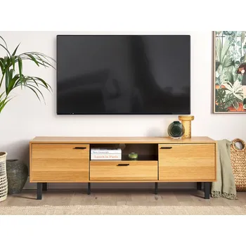 Televizní stolek Televizní stolek ze světlého dřeva a černé dřevotřískové desky do uhlopříčky 66ʺ se 2 dvířky zásuvka skříňka tradiční industriální styl Beliani