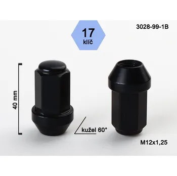 Matice na kolo Kolová matice M12x1,25mm, dosedací plocha kužel odlehčená, klíč 17, černý hliník (Matice na kola)