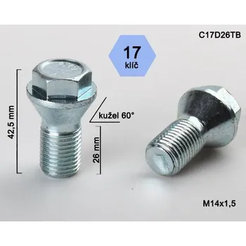 Šroubek na kolo Kolový šroub M14x1,5x26mm, kužel 60° s krátkou hlavou, klíč 17, pozink (Kolový šroub s krátkou hlavou)