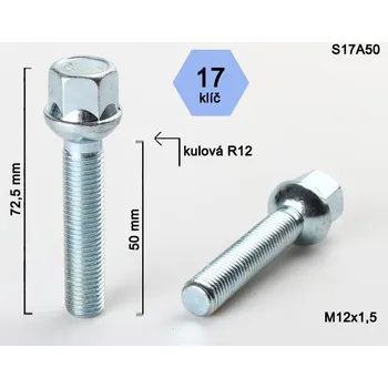 Šroubek na kolo Kolový šroub M12x1,5x50mm, dosedací plocha koule R12, klíč 17, pozink (Šroub na kola)