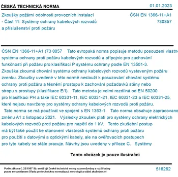 ČSN EN 1366-11+A1 - Zkoušky požární odolnosti provozních instalací - Část 11: Systémy ochrany kabelových rozvodů a příslušenství proti požáru - Tisk