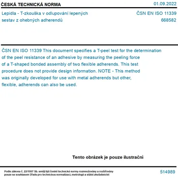 ČSN EN ISO 11339 - Lepidla - T-zkouška v odlupování lepených sestav z ohebných adherendů - Tisk