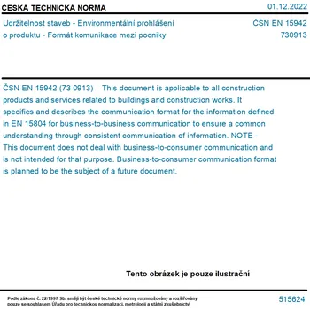 ČSN EN 15942 - Udržitelnost staveb - Environmentální prohlášení o produktu - Formát komunikace mezi podniky - Tisk