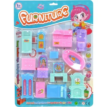 Doplněk pro panenku Plastový set mini nábytku do domečku pro panenky na kartě 28,5 x 39 x 4 cm 15 ks