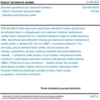 ČSN EN 933-9 - Zkoušení geometrických vlastností kameniva - Část 9: Posouzení jemných částic - Zkouška methylenovou modří - Tisk