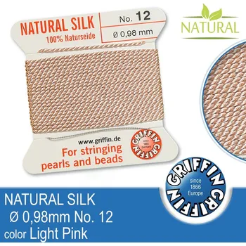 Nit Hedvábná nit s jehlou GRIFFIN síla nitě 0,98mm No.12 délka 2m. Barva Light Pink
