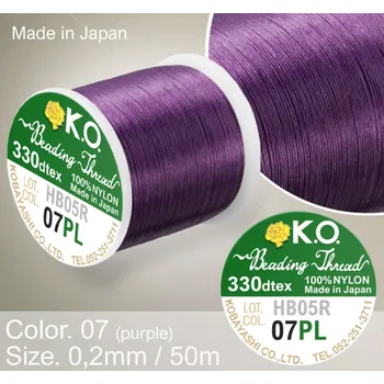 Nit Nylonová nit značky K.O. Barva č. 07 purple. Materiál 330DTEX (0,2mm). Balení 50m.