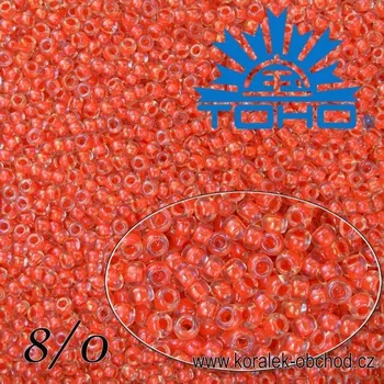 Korálek Korálky TOHO tvar ROUND (kulaté). Velikost 8/0. Barva č. 185- Inside-Color Luster Crystal/Poppy Lined. Balení 10g.