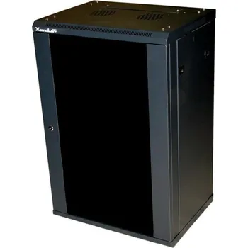 XtendLan 19" nástěnný rozvaděč 18U 600x450, nosnost 60 kg, skleněné kouřové dveře, rozložený, černý
