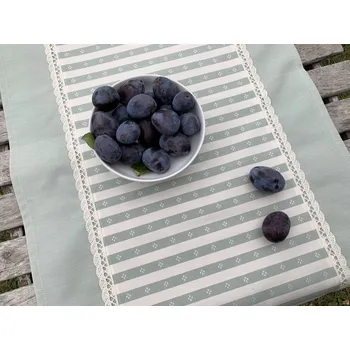 ubrus Běhoun starozelený kanafas pruhy se vzorem a melange s krajkou Běhouny sešívané: 43x200cm