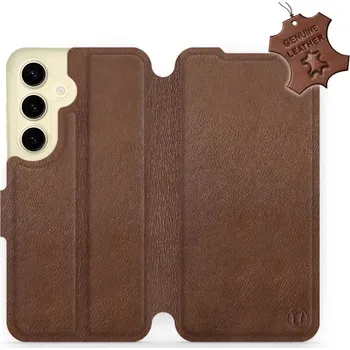 Pouzdro na mobilní telefon Kožené flip pouzdro Mobiwear - Samsung Galaxy S24 - Hnědé (Kožené knížkové pouzdro, obal, kryt na mobil Samsung Galaxy S24, Hnědé, materiál Genuine Leather, ochrana 360°, stojánek, silikonová vanička, magnetické zavírání)