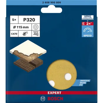 Brusný kotouč 5x Brusný papír pro excentrickou brusku na barvu na dřevu a tvrdé dřevo Bosch EXPERT C470 - 115mm, zrnitost 320, 8 otvorů (2608900800)