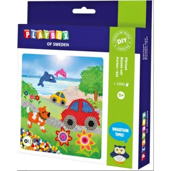 Dětské navlékací korálky Playbox zažehlovací korálky Psi, auta, ryby, kytky 2000 ks korálků, 4ks destiček