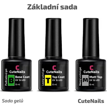 Lak na nehty CuteNails Základní sada gelů: Base Coat, Top Coat, Matt Top; 3 x 8 ml