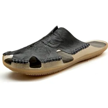 Dámské sandále Kožené pánské pantofle vintage retro kůže Barva: Černá, Velikost: 47