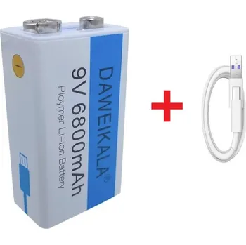 Článková baterie Li-ion nabíjecí baterie 9V 6800mAh s nabíjecím USB kabelem