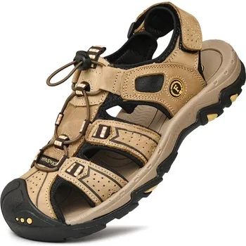 Dámské sandále Kožené pánské sandály páskové s prošíváním Barva: Světle Hnědá, Velikost: 45